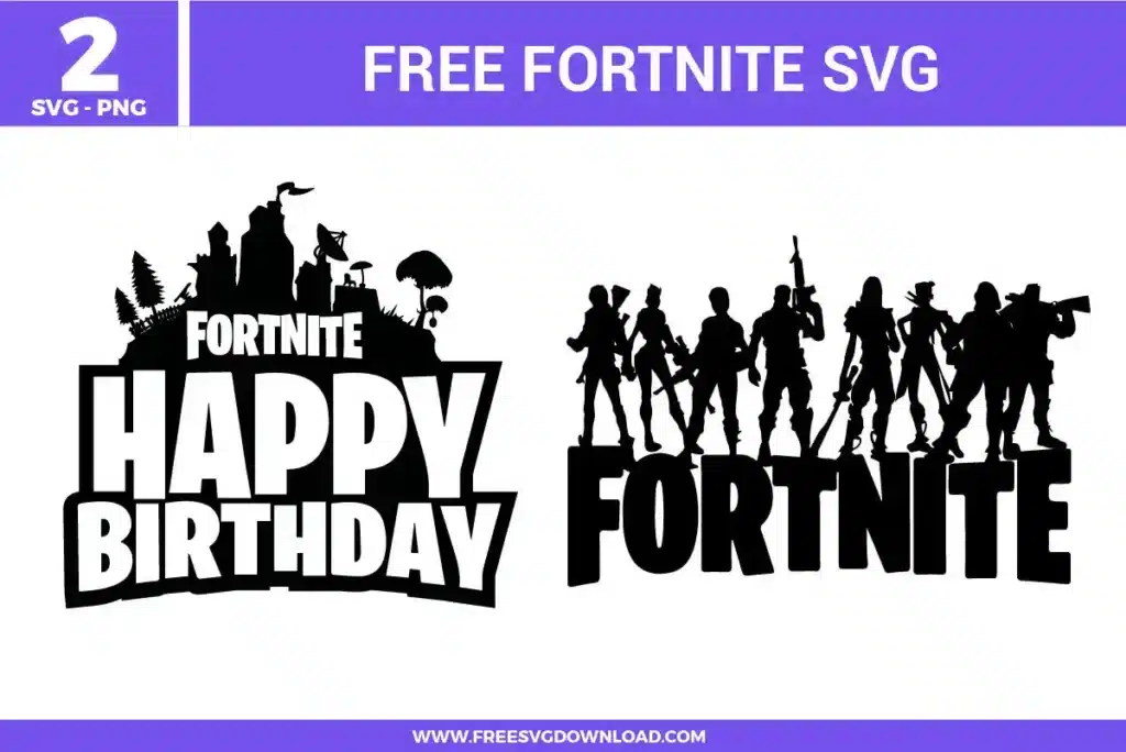 Character silhouettes and Happy Birthday logo from the Fortnite SVG bundle, provided as free svg files for gaming party decor.