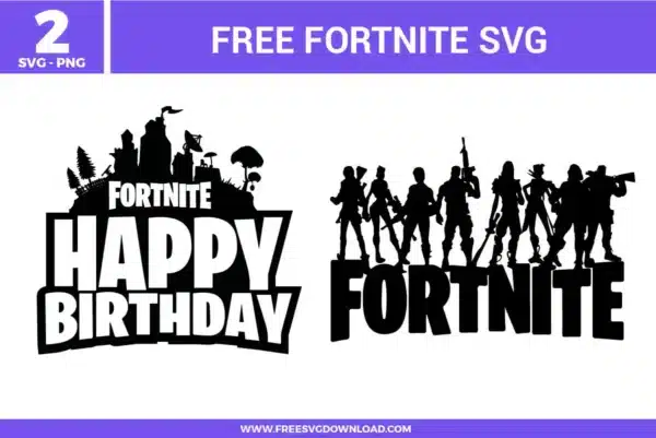 Character silhouettes and Happy Birthday logo from the Fortnite SVG bundle, provided as free svg files for gaming party decor.