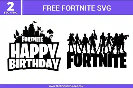Character silhouettes and Happy Birthday logo from the Fortnite SVG bundle, provided as free svg files for gaming party decor.