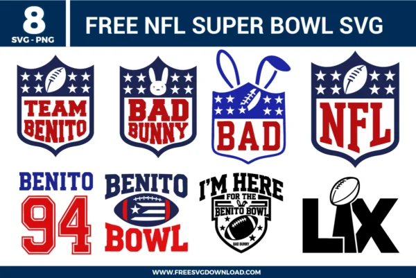 NFL Super Bowl–style SVG designs featuring shield logos, football icons, bold lettering, bunny-themed variations, Benito Bowl graphics, jersey numbers, and championship-inspired layouts in red, white, blue, and black.