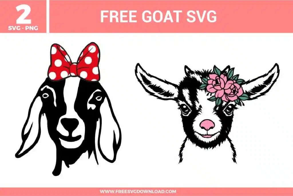 A bundle of 2 free svg files for farmhouse-style goat designs featuring adorable female goat illustrations. The set includes a black and white goat head wearing a large red and white polka-dot bow, and a detailed baby goat face adorned with pink floral blooms and green leaves. These designs use a mix of bold silhouettes and fine line art with vibrant red and pink accents, offering high-quality free svg files for feminine animal-themed crafts.