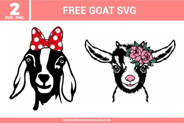 A bundle of 2 free svg files for farmhouse-style goat designs featuring adorable female goat illustrations. The set includes a black and white goat head wearing a large red and white polka-dot bow, and a detailed baby goat face adorned with pink floral blooms and green leaves. These designs use a mix of bold silhouettes and fine line art with vibrant red and pink accents, offering high-quality free svg files for feminine animal-themed crafts.