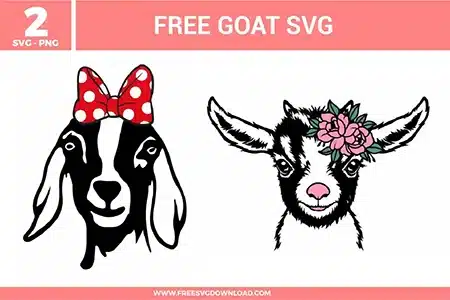 A bundle of 2 free svg files for farmhouse-style goat designs featuring adorable female goat illustrations. The set includes a black and white goat head wearing a large red and white polka-dot bow, and a detailed baby goat face adorned with pink floral blooms and green leaves. These designs use a mix of bold silhouettes and fine line art with vibrant red and pink accents, offering high-quality free svg files for feminine animal-themed crafts.