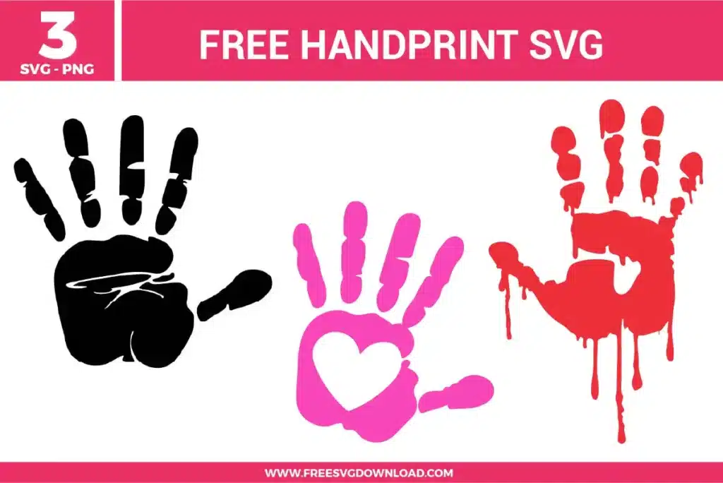 Three unique handprint free svg files displayed side-by-side. The left design is a realistic, textured black handprint; the middle design is a bright pink handprint with a clean heart shape cut out of the palm; the right design is a stylized red handprint with dramatic paint or blood dripping effects, ideal for custom graphic crafting.