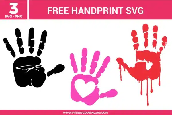 Three unique handprint free svg files displayed side-by-side. The left design is a realistic, textured black handprint; the middle design is a bright pink handprint with a clean heart shape cut out of the palm; the right design is a stylized red handprint with dramatic paint or blood dripping effects, ideal for custom graphic crafting.