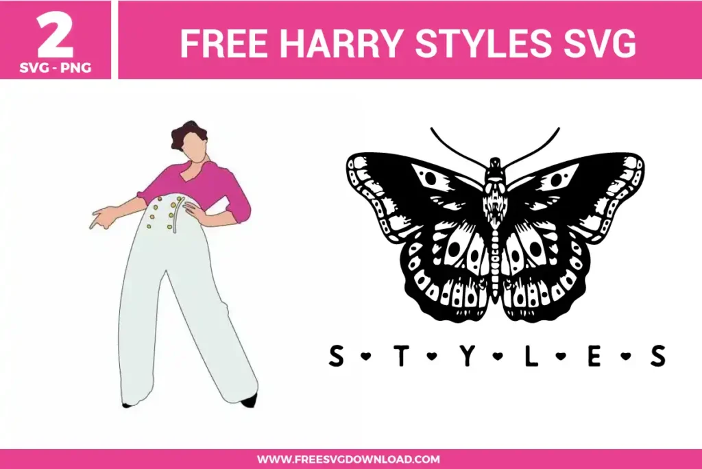 Two free svg files featuring iconic Harry Styles pop music inspired vector graphics. The left design shows a faceless minimalist outline illustration of the artist wearing his signature high-waisted white trousers and a vibrant pink long-sleeve shirt. The right design showcases a highly detailed black and white butterfly chest tattoo drawing with the text STYLES spelled out underneath using small heart symbols between each letter.
