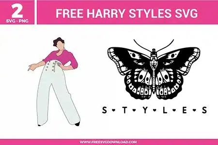 Two free svg files featuring iconic Harry Styles pop music inspired vector graphics. The left design shows a faceless minimalist outline illustration of the artist wearing his signature high-waisted white trousers and a vibrant pink long-sleeve shirt. The right design showcases a highly detailed black and white butterfly chest tattoo drawing with the text STYLES spelled out underneath using small heart symbols between each letter.
