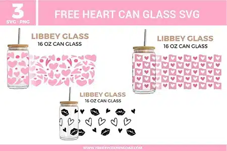 Featured image showing three Libbey 16 oz can glass wrap SVG designs, including a pink heart scatter pattern, a pink heart grid wrap, and a black lips and hearts Valentine wrap.