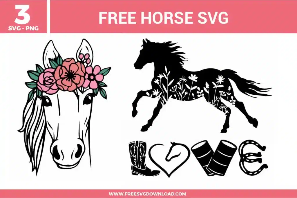 A bundle of 3 free svg files for equestrian and western designs featuring horse-themed illustrations. The set includes a graceful horse head adorned with a pink and peach floral crown, a running horse silhouette filled with white botanical wildflowers, and a "LOVE" arrangement using a cowboy boot, a heart with a horse profile, barrel racing cylinders, and a horseshoe. These designs use a mix of elegant line art and bold silhouettes with soft pink and green accents, providing high-quality free svg files for horse lovers and rodeo fans.