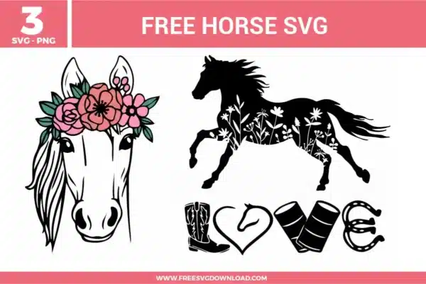 A bundle of 3 free svg files for equestrian and western designs featuring horse-themed illustrations. The set includes a graceful horse head adorned with a pink and peach floral crown, a running horse silhouette filled with white botanical wildflowers, and a "LOVE" arrangement using a cowboy boot, a heart with a horse profile, barrel racing cylinders, and a horseshoe. These designs use a mix of elegant line art and bold silhouettes with soft pink and green accents, providing high-quality free svg files for horse lovers and rodeo fans.