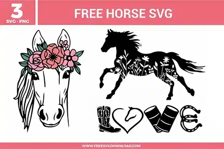 A bundle of 3 free svg files for equestrian and western designs featuring horse-themed illustrations. The set includes a graceful horse head adorned with a pink and peach floral crown, a running horse silhouette filled with white botanical wildflowers, and a "LOVE" arrangement using a cowboy boot, a heart with a horse profile, barrel racing cylinders, and a horseshoe. These designs use a mix of elegant line art and bold silhouettes with soft pink and green accents, providing high-quality free svg files for horse lovers and rodeo fans.
