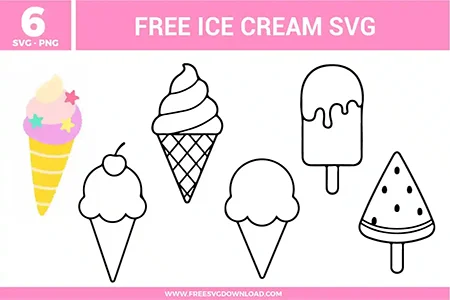 Variety of summer treats from this Ice Cream SVG bundle, including cones and popsicles as free svg files for DIYs.