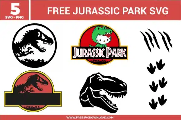 5 Jurassic Park free svg files including the classic T-Rex skeleton logo, a custom name frame with a dinosaur silhouette, claw marks, dinosaur footprints, and a humorous Hello Kitty in a dinosaur suit mashup, designed for high-precision vinyl cutting and apparel.