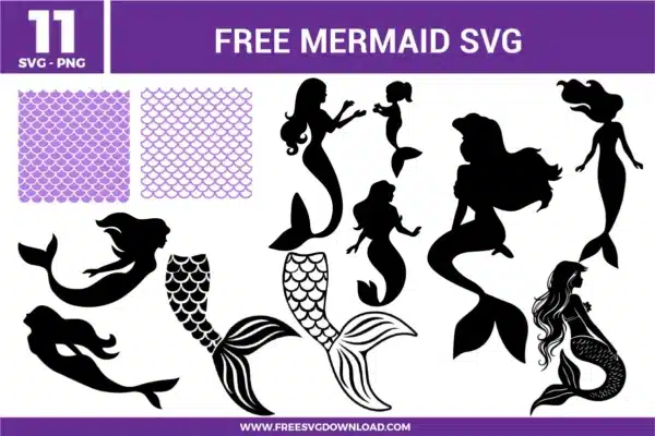 Eleven unique silhouettes from the Mermaid SVG bundle with scale patterns, great for ocean themes using free svg files.