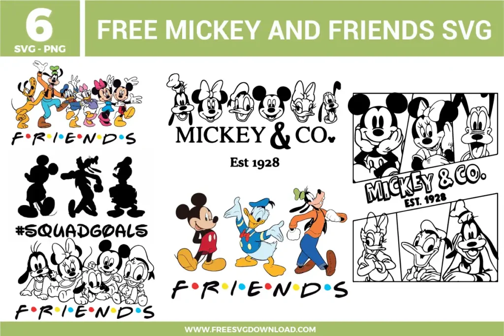 Free Mickey and Friends SVG designs showing Mickey Minnie Donald Goofy Daisy and Pluto in classic group scenes silhouette styles and retro Mickey & Co themed layouts for Disney crafting projects