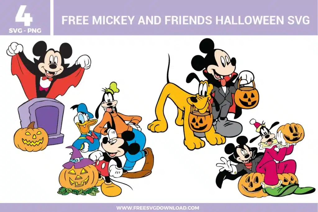 Free Mickey and Friends Halloween SVG designs showing Mickey Minnie Donald Goofy and Pluto in Halloween costumes with pumpkins and trick or treat scenes