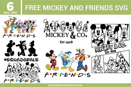 Free Mickey and Friends SVG designs showing Mickey Minnie Donald Goofy Daisy and Pluto in classic group scenes silhouette styles and retro Mickey & Co themed layouts for Disney crafting projects