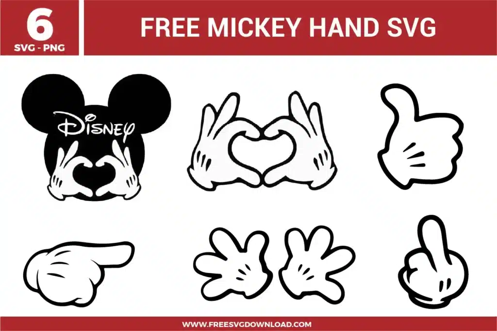 Free Mickey hand SVG designs showing classic cartoon glove hand gestures including heart hands, thumbs up, pointing fingers, open palms, and expressive hand poses