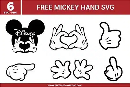 Free Mickey hand SVG designs showing classic cartoon glove hand gestures including heart hands, thumbs up, pointing fingers, open palms, and expressive hand poses