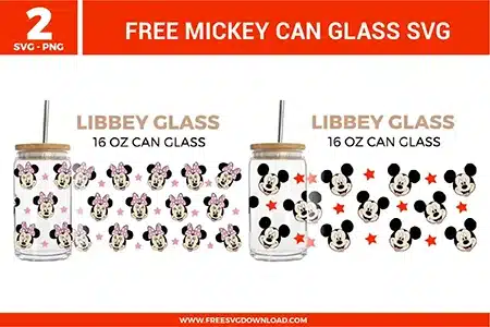 Mickey Can Glass SVG bundle preview showing two 16 oz can glass wrap designs with Mickey and Minnie-style character faces, pink stars, red stars, and repeating drinkware patterns for Cricut and Silhouette.
