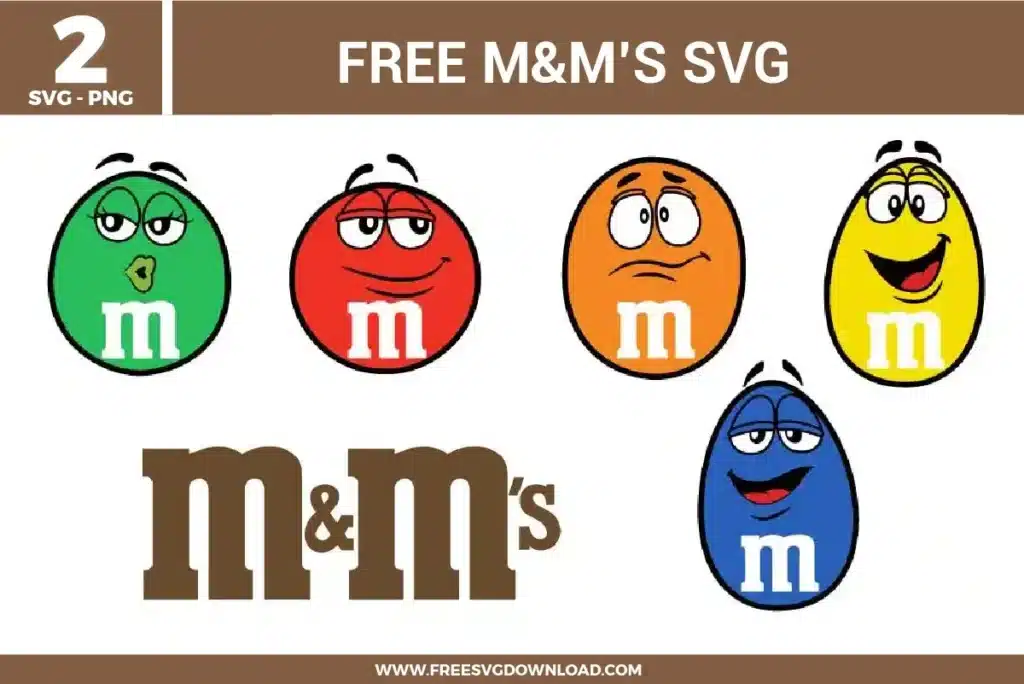 M&M’s SVG bundle preview showing six candy-themed designs with colorful character-style candy graphics, green, red, orange, yellow, and blue candy faces, plus M&M’s-style logo text for Cricut and Silhouette.