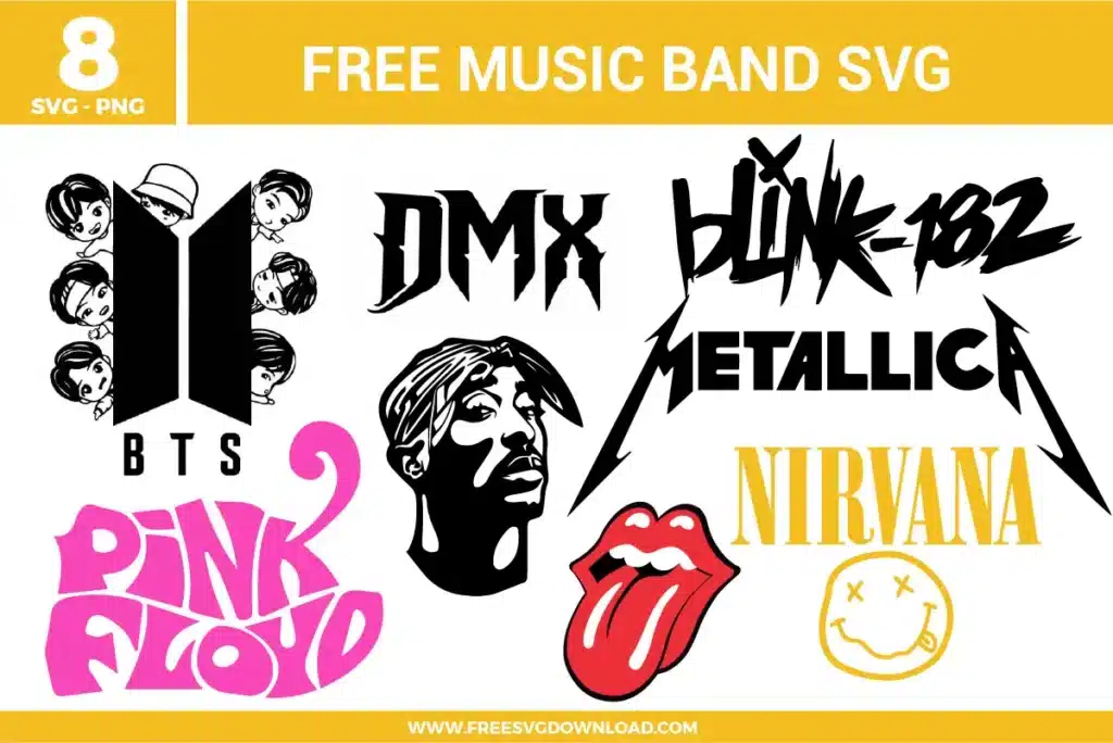 Music Band SVG bundle preview showing eight band-inspired designs with BTS-style artwork, DMX text, Blink-182 lettering, Metallica-style logo, Pink Floyd text, Nirvana lettering, Tupac portrait, lips graphic, and smiley face artwork for Cricut and Silhouette.