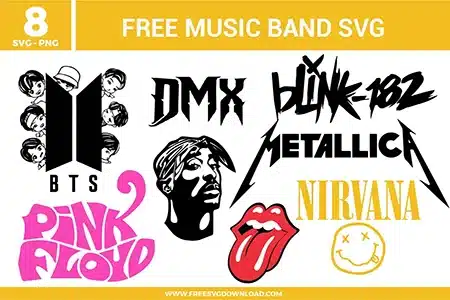 Music Band SVG bundle preview showing eight band-inspired designs with BTS-style artwork, DMX text, Blink-182 lettering, Metallica-style logo, Pink Floyd text, Nirvana lettering, Tupac portrait, lips graphic, and smiley face artwork for Cricut and Silhouette.