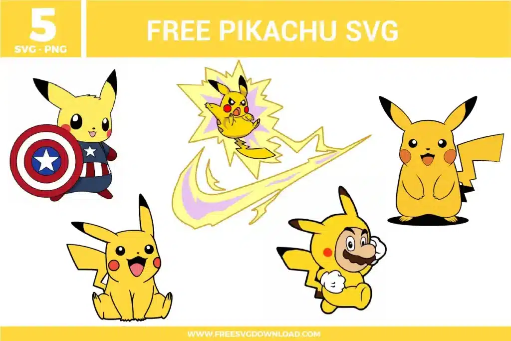 5 Pikachu free svg files featuring unique mashups including Pikachu as Captain America with a shield, Mario wearing a Pikachu kigurumi suit, a classic happy Pikachu sitting, and an action-packed Thunderbolt design with lightning effects, all optimized for high-quality vinyl cutting and sublimation.