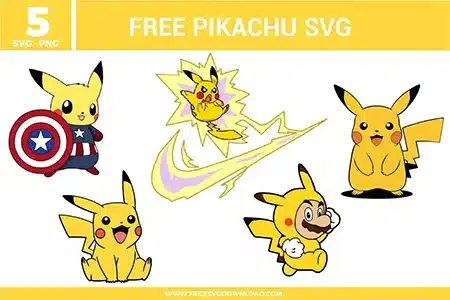 5 Pikachu free svg files featuring unique mashups including Pikachu as Captain America with a shield, Mario wearing a Pikachu kigurumi suit, a classic happy Pikachu sitting, and an action-packed Thunderbolt design with lightning effects, all optimized for high-quality vinyl cutting and sublimation.