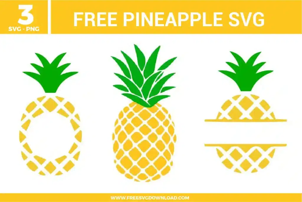 Pineapple SVG bundle preview showing three pineapple designs with yellow fruit patterns, green leaves, circle monogram space, full pineapple artwork, and split pineapple layout for Cricut and Silhouette.