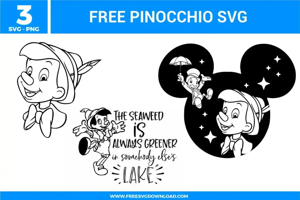 Free Pinocchio SVG designs showing classic Pinocchio character line art, playful quotes, and Mickey shaped silhouette elements with star details