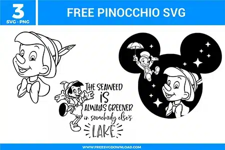 Free Pinocchio SVG designs showing classic Pinocchio character line art, playful quotes, and Mickey shaped silhouette elements with star details