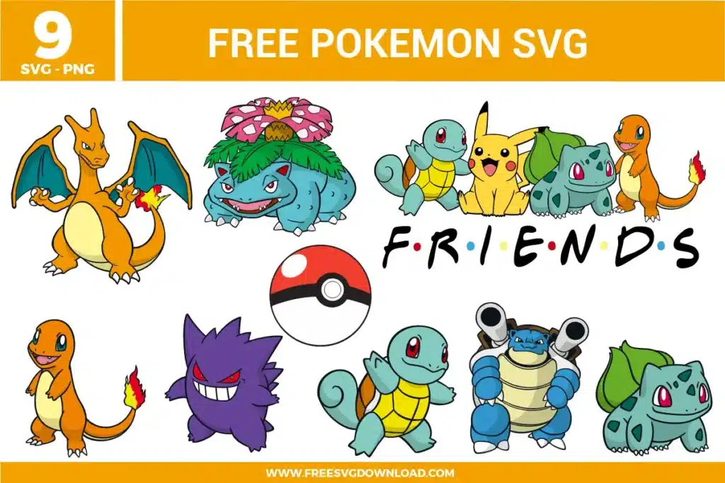 9 Pokémon free svg files featuring iconic characters like Charizard, Venusaur, Blastoise, Pikachu, Squirtle, Bulbasaur, Charmander, and Gengar, including a "Friends" parody design and a Pokéball, all rendered in vibrant classic colors with clean outlines for perfect vinyl cutting.