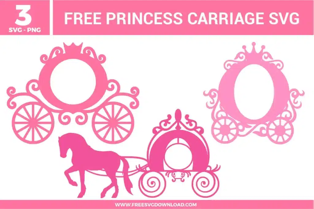 Three ornate pink designs from the Princess Carriage SVG bundle, featuring a horse-drawn coach and royal frames as free svg files for fairytale crafts.