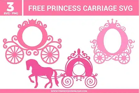 Three ornate pink designs from the Princess Carriage SVG bundle, featuring a horse-drawn coach and royal frames as free svg files for fairytale crafts.