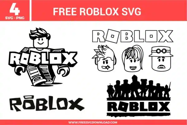 Collection of blocky character silhouettes and iconic logos from the Roblox SVG bundle, featuring black line art designs as free svg files for gaming fans.