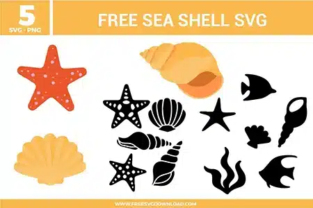 Collection of ocean-themed illustrations from the Sea Shell SVG bundle, featuring starfish, scallops, and fish silhouettes as free svg files for beach-inspired crafts.