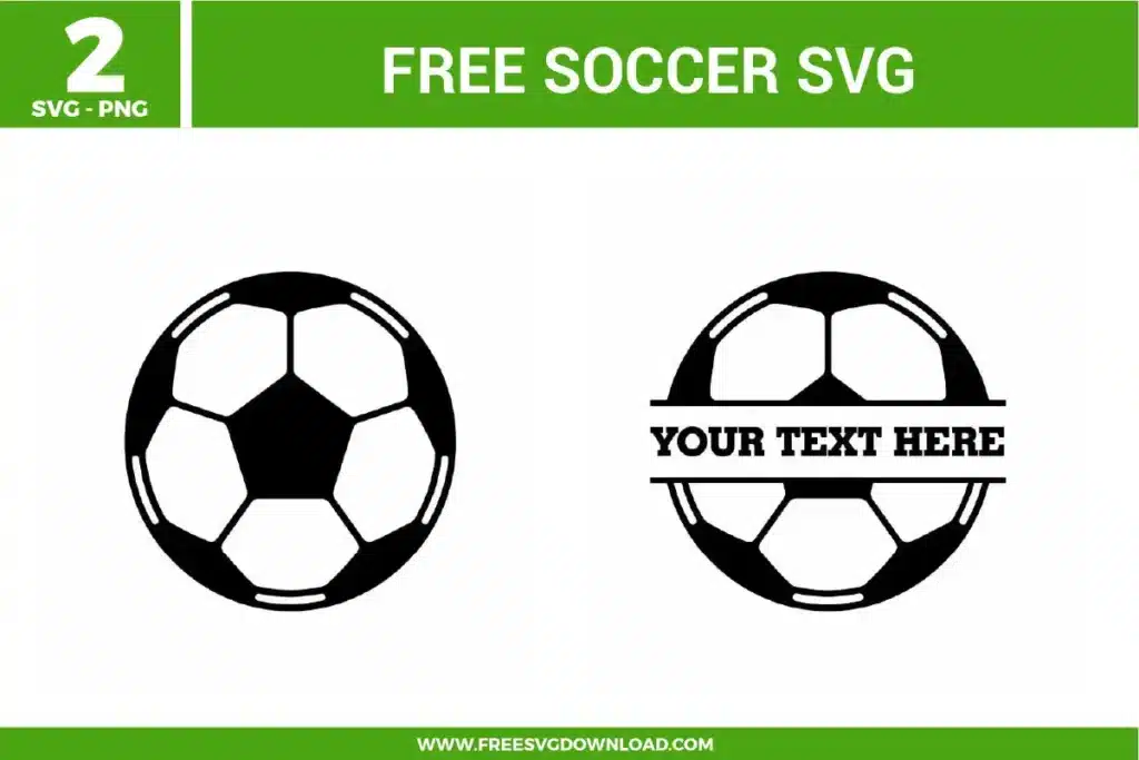 Pair of 2 soccer ball free svg files featuring bold black and white pentagon panels. The set includes a classic round soccer ball vector and a split monogram frame option with a clean horizontal gap and "YOUR TEXT HERE" placeholder typography for custom team names and sports crafting.