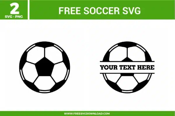 Pair of 2 soccer ball free svg files featuring bold black and white pentagon panels. The set includes a classic round soccer ball vector and a split monogram frame option with a clean horizontal gap and "YOUR TEXT HERE" placeholder typography for custom team names and sports crafting.