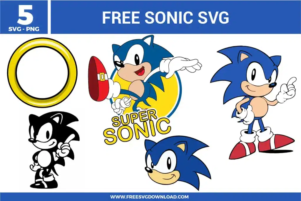Classic game characters from the Sonic SVG bundle and gold ring icons, provided as free svg files for gamer DIYs.