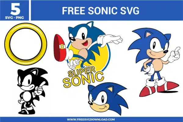 Classic game characters from the Sonic SVG bundle and gold ring icons, provided as free svg files for gamer DIYs.