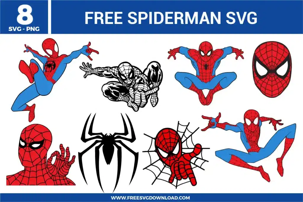 8 free svg files featuring Spiderman designs, including the iconic black spider emblem, Spiderman in various web-slinging and wall-crawling action poses, a masked portrait, and a "thwip" hand gesture illustration in classic red and blue superhero colors for vinyl crafts.