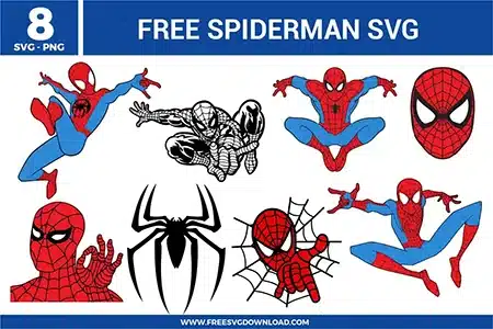 8 free svg files featuring Spiderman designs, including the iconic black spider emblem, Spiderman in various web-slinging and wall-crawling action poses, a masked portrait, and a "thwip" hand gesture illustration in classic red and blue superhero colors for vinyl crafts.