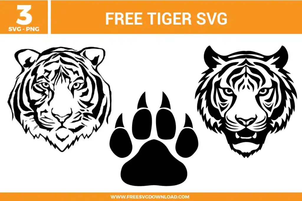 A bundle of 3 free svg files for tiger-themed designs featuring majestic jungle cat illustrations. The set includes two detailed tiger head portraits with realistic stripe patterns and intense expressions, along with a large, sharp-clawed tiger paw print silhouette. These designs use a high-contrast black and white style to capture the powerful aesthetic of the big cat, providing high-quality free svg files for sports mascots and wildlife-themed crafts.