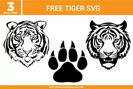 A bundle of 3 free svg files for tiger-themed designs featuring majestic jungle cat illustrations. The set includes two detailed tiger head portraits with realistic stripe patterns and intense expressions, along with a large, sharp-clawed tiger paw print silhouette. These designs use a high-contrast black and white style to capture the powerful aesthetic of the big cat, providing high-quality free svg files for sports mascots and wildlife-themed crafts.