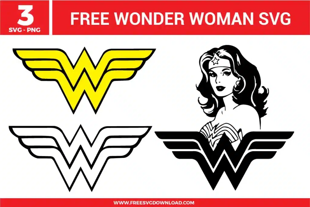 A collection of 3 free svg files featuring Wonder Woman designs, including the iconic "W" eagle emblem in yellow and black, a minimalist white outline logo, and a detailed black and white superhero portrait illustration for empowering vinyl crafts and fan apparel.