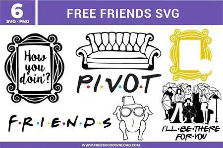 Friends TV show SVG bundle featuring the iconic yellow peephole frame, Central Perk orange couch, "PIVOT" quote, and the turkey with sunglasses available as high-quality free svg files for nostalgic home decor and 90s fan apparel.