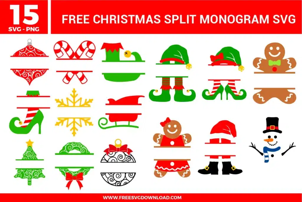 Selection of designs from the Christmas Split Monogram SVG bundle, ideal for personalized gifts using free svg files.