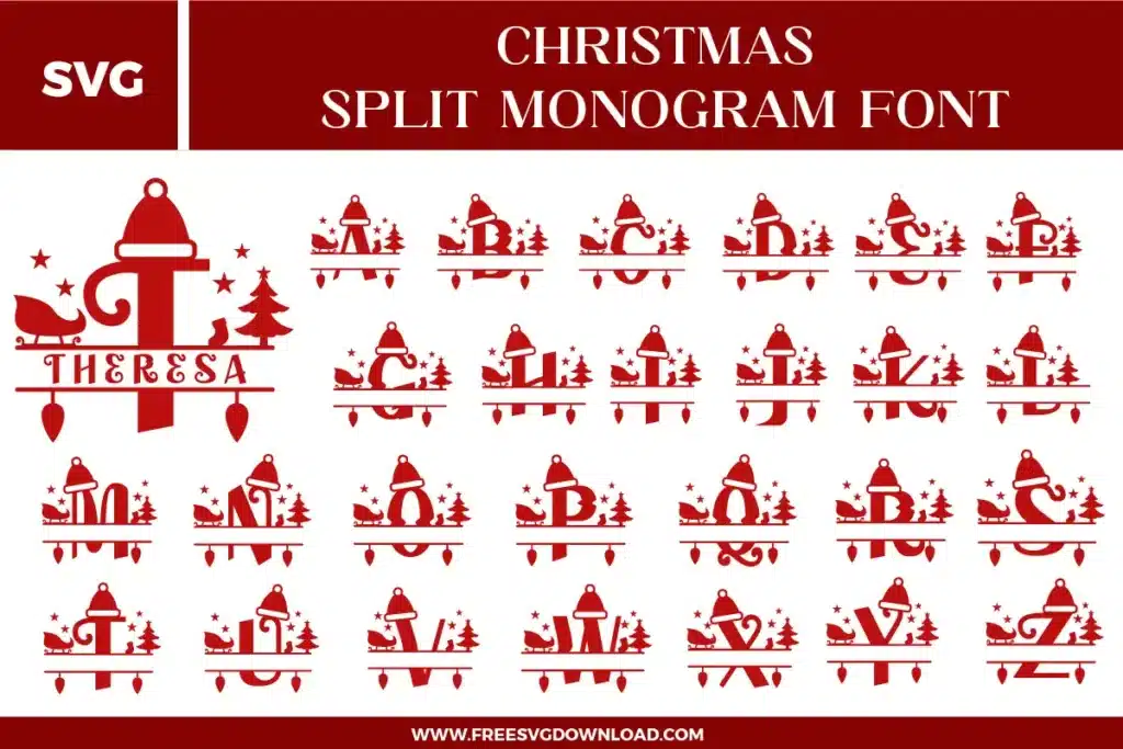 A complete set of red Christmas Split Monogram Font free svg files featuring the full alphabet A-Z. Each uppercase letter is designed with a Santa hat on top, a sleigh and reindeer silhouette, a pine tree, stars, and hanging Christmas light bulbs. The design features a horizontal split in the middle for personalized name insertion, shown in a deep festive red color.