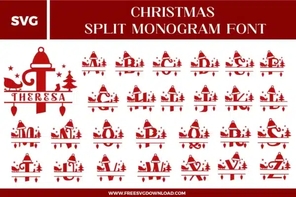 A complete set of red Christmas Split Monogram Font free svg files featuring the full alphabet A-Z. Each uppercase letter is designed with a Santa hat on top, a sleigh and reindeer silhouette, a pine tree, stars, and hanging Christmas light bulbs. The design features a horizontal split in the middle for personalized name insertion, shown in a deep festive red color.